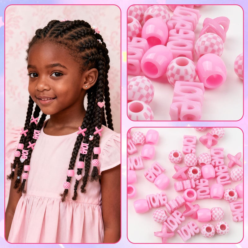 Pretwad 61 PCS Pink Hair Beads for Braids - Cute Heart & Round Shaped Dreadlock Jewelry Beads for Girls, Multi Shape Kids Braiding Hair Accessories and Loc Jewelry Decorations for Women and Girls - Image 3
